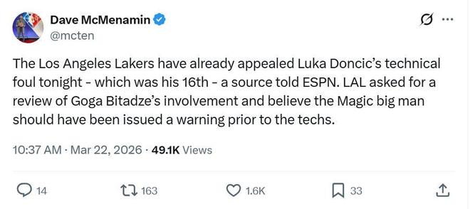 东契奇遭技术犯规引禁赛风波，湖人申诉事件陷